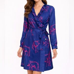 Elizabeth McKay Blue & Pink Elephant Wrap Dress – Size 2